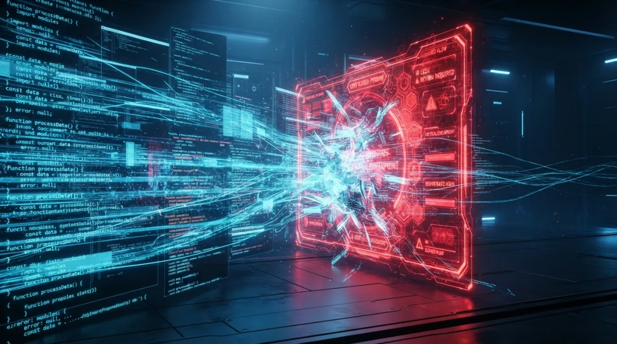 3D render of streaming blue code hitting a cracking red translucent screen in a dark server room, floor reflecting the light.