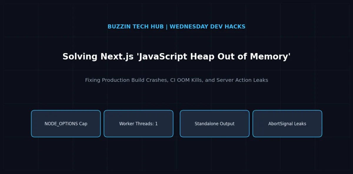 Dark slide titled 'Solving Next.js JavaScript Heap Out of Memory' with four cards: NODE_OPTIONS Cap, Worker Threads, Standalone Output, AbortSignal.