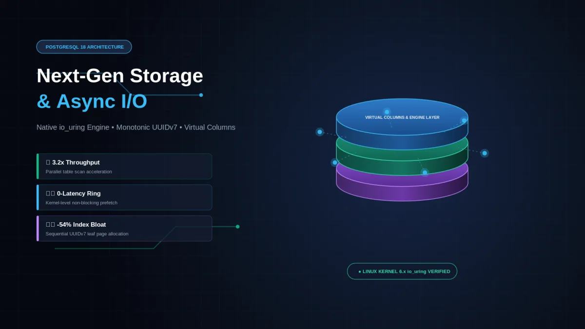 PostgreSQL 18 architecture slide 'Next-Gen Storage & Async I/O' with a three-tier cylinder diagram in blue, green and purple on the right.