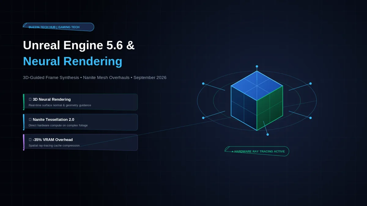 Unreal Engine 5.6 slide with an isometric blue-and-green cube on a wireframe orbit and callouts for 3D Neural Rendering and Nanite Tessellation 2.0.