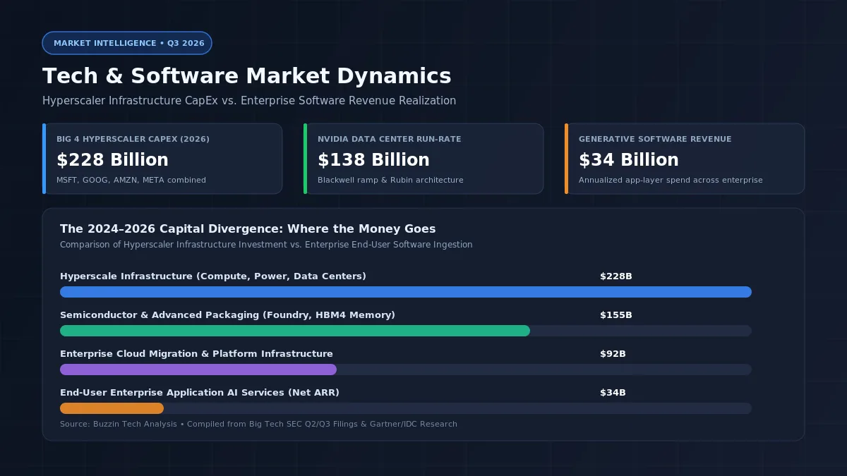 Market intelligence slide: three stat cards ($228B CapEx, $138B NVIDIA, $34B generative revenue) above a horizontal bar chart of 2026 capital flows.