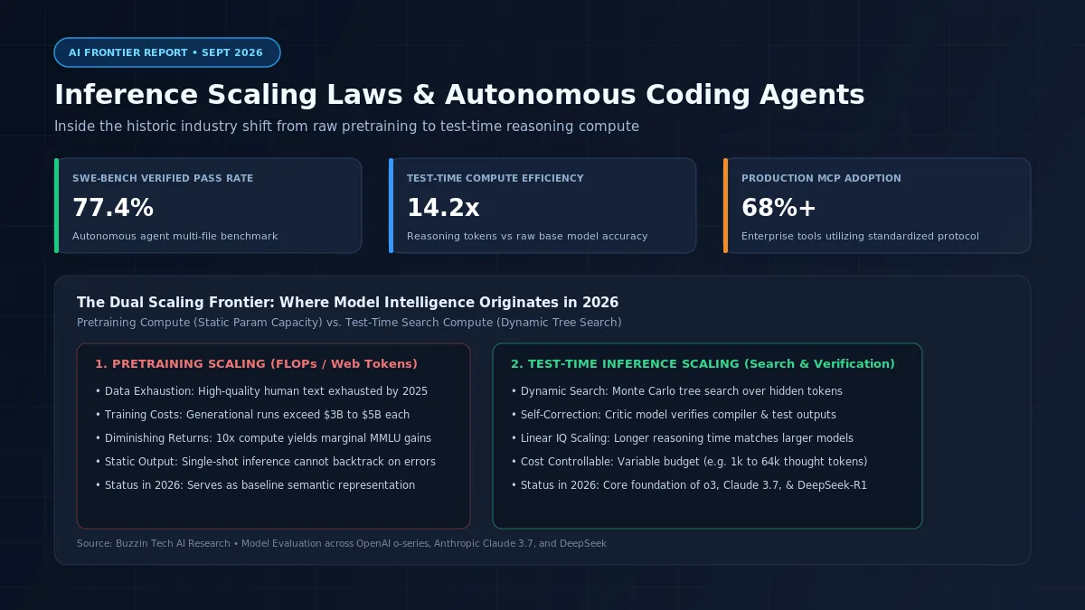 AI research slide 'Inference Scaling Laws and Autonomous Coding Agents' with three stat cards and a pretraining-vs-test-time compute comparison.