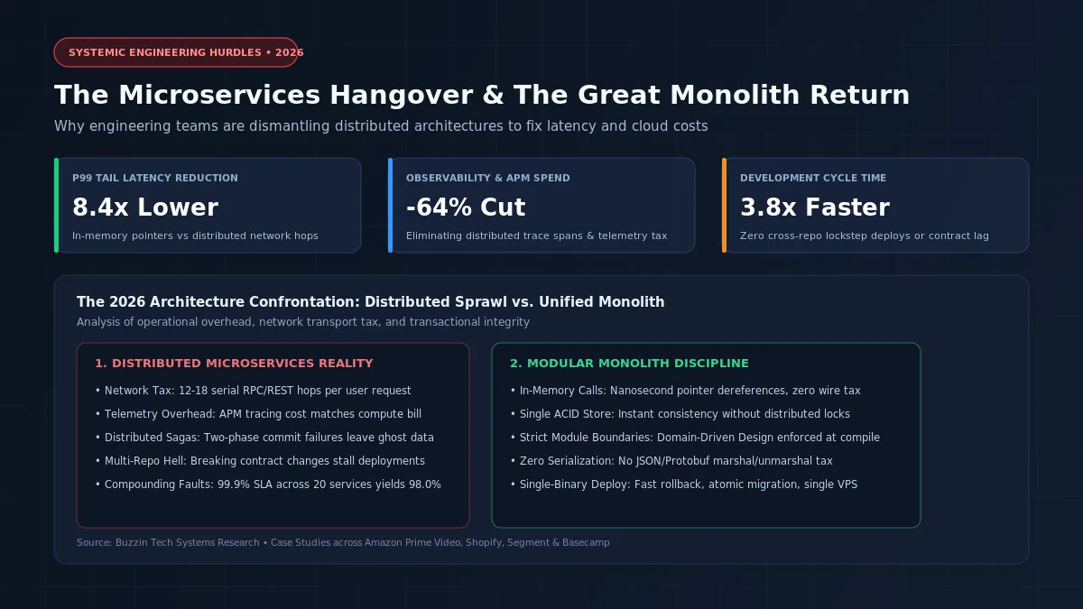 'The Microservices Hangover' slide with three red metric cards and a two-column distributed-vs-monolith architecture comparison.