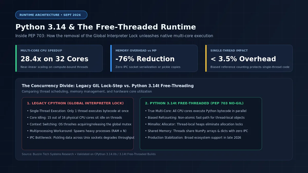 'Python 3.14 and The Free-Threaded Runtime' slide with three stat cards and a side-by-side legacy GIL vs no-GIL Python comparison.