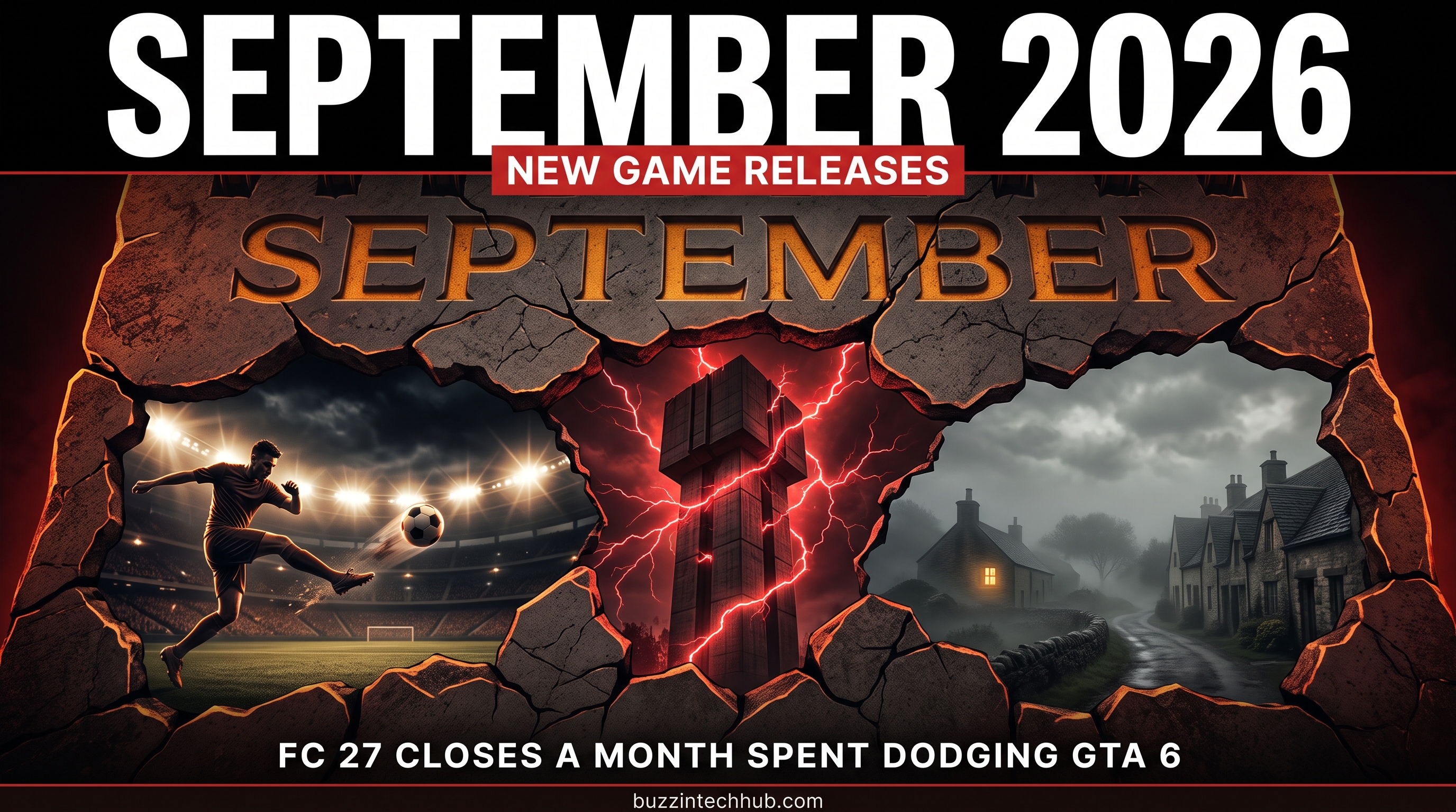 Poster-style graphic with 'September 2026 New Game Releases' header above a stone-framed collage of a footballer, a lightning-lit obelisk, and a village.
