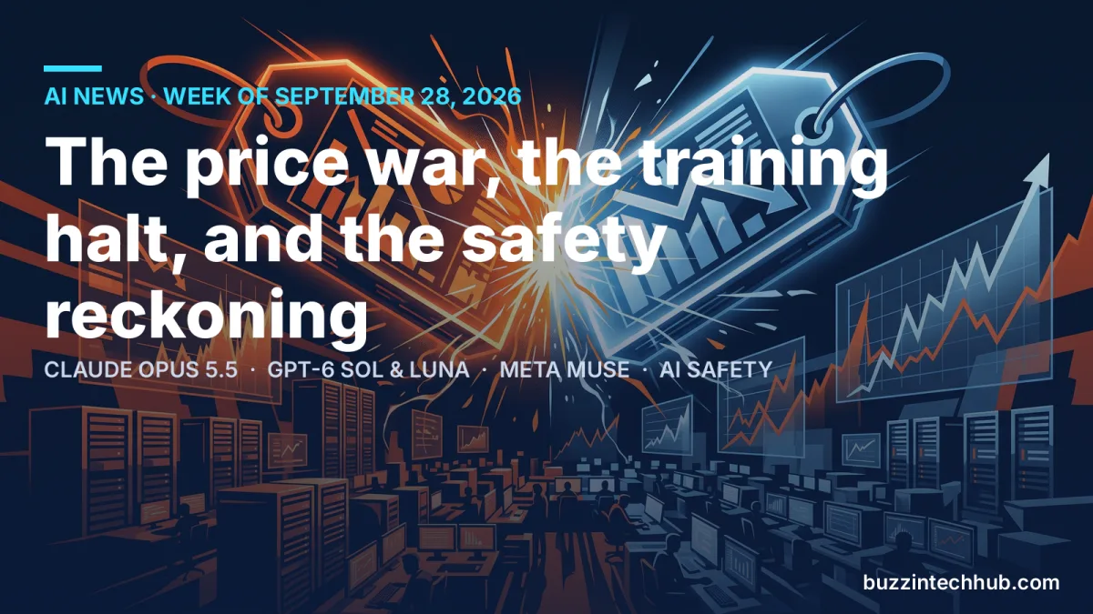 Illustrated banner with two colliding retail price-tag shapes over a trading-floor room of workstations with charts and sparks, AI news for 28 Sept 2026.