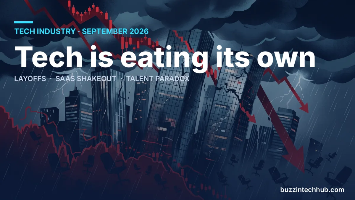 Stormy illustration of dark skyscrapers in rain under lightning, with a red stock-chart arrow crashing down behind, headline 'Tech is eating its own'.