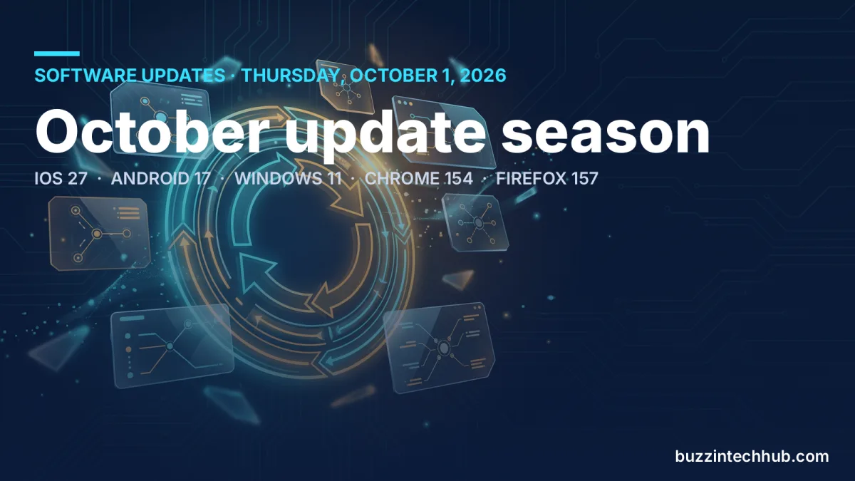 Dark-blue banner with a central glowing circular arrow icon surrounded by floating UI widget tiles, titled 'October update season'.