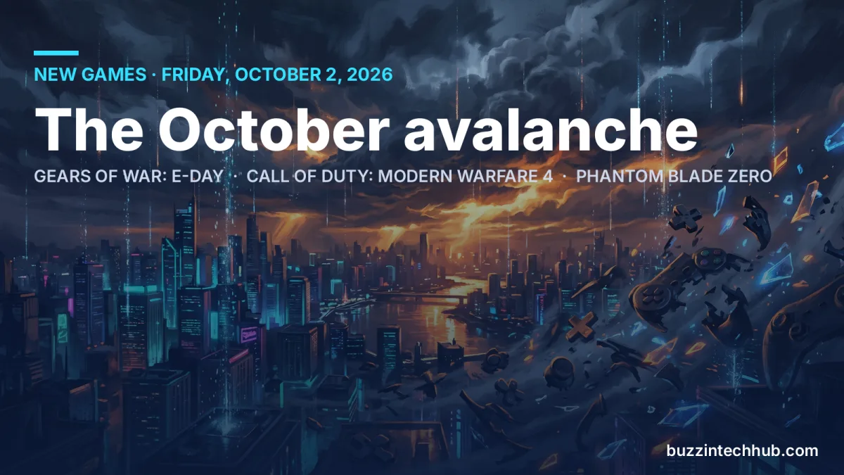 Painted dystopian cityscape at dusk with a glowing river, data-rain streaks, and controller fragments swirling in, headline 'The October avalanche'.