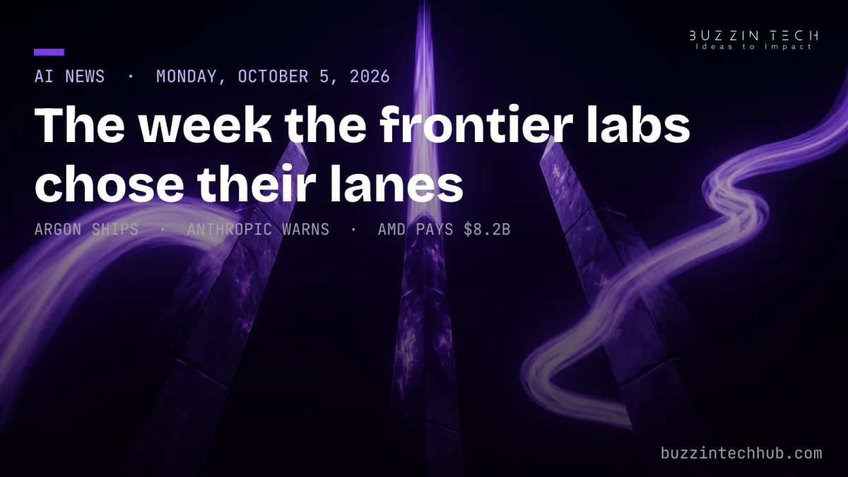 Moody minimalist render of three dark monolithic obelisks pierced by swirling purple light trails, headline 'The week the frontier labs chose their lanes'.