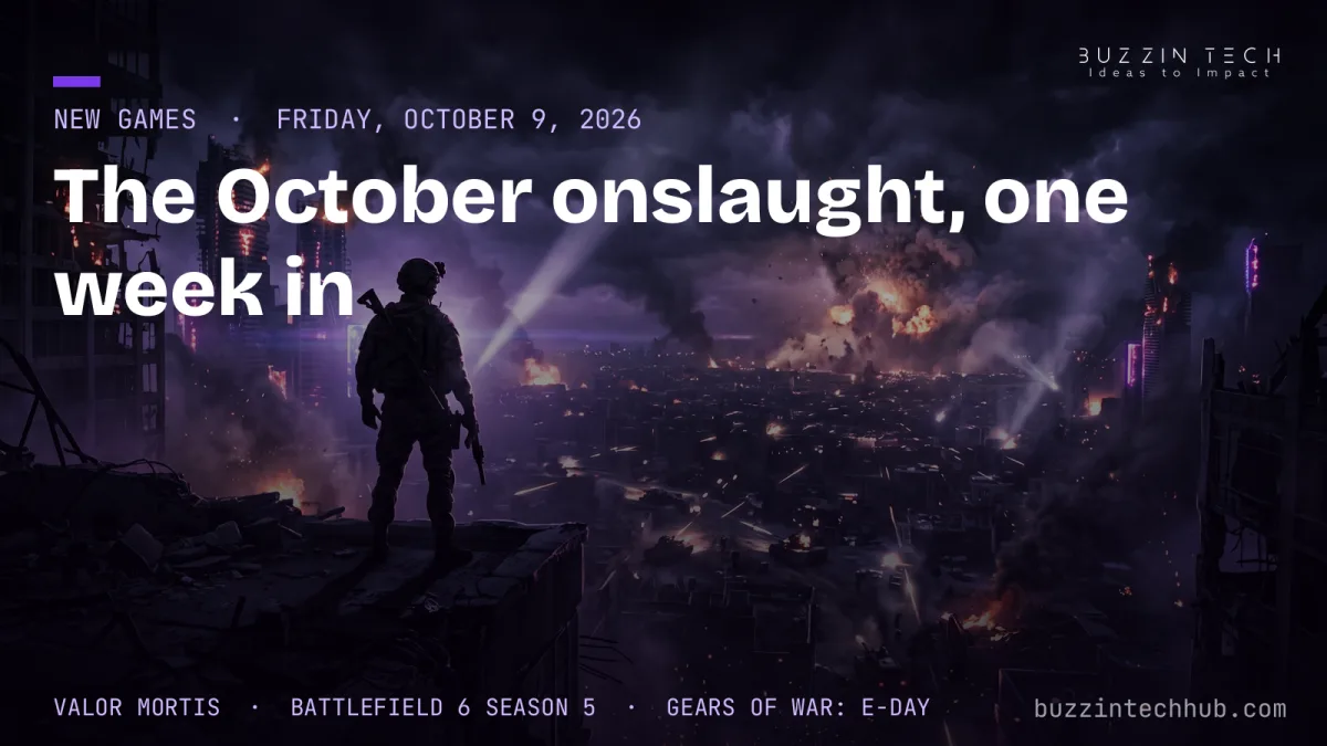 Cinematic silhouette of a soldier on a rooftop overlooking a bombed cyberpunk city with distant explosions and a purple sky.