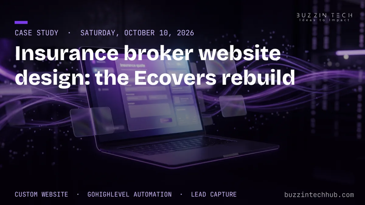 Case-study banner with a floating laptop displaying a purple insurance-quote form, over a dark server-room backdrop with purple light trails.