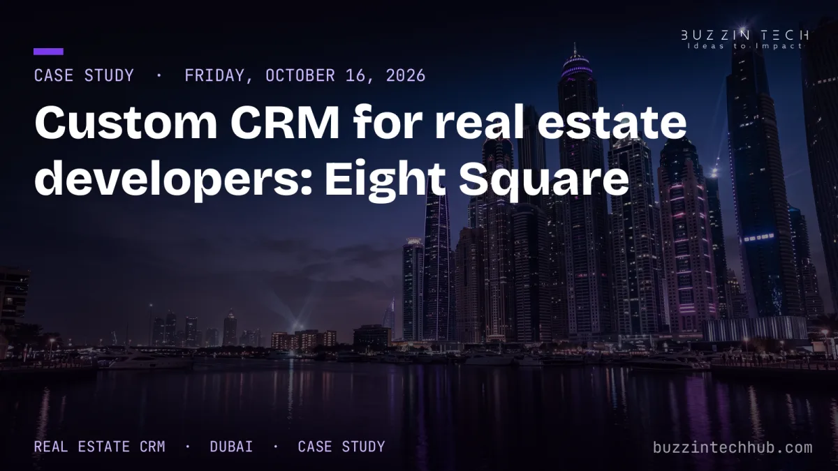 Dubai Marina skyline at night, lit skyscrapers reflected in dark water with yachts in the harbour, headline 'Custom CRM for real estate developers'.