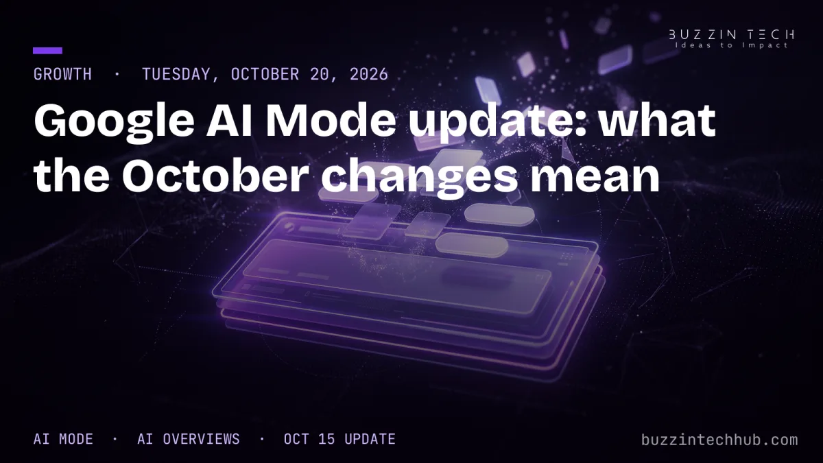 Cover art for 'Google AI Mode update: what the October changes mean' — BuzzinTech editorial cover on a dark obsidian background with violet holographic browser 