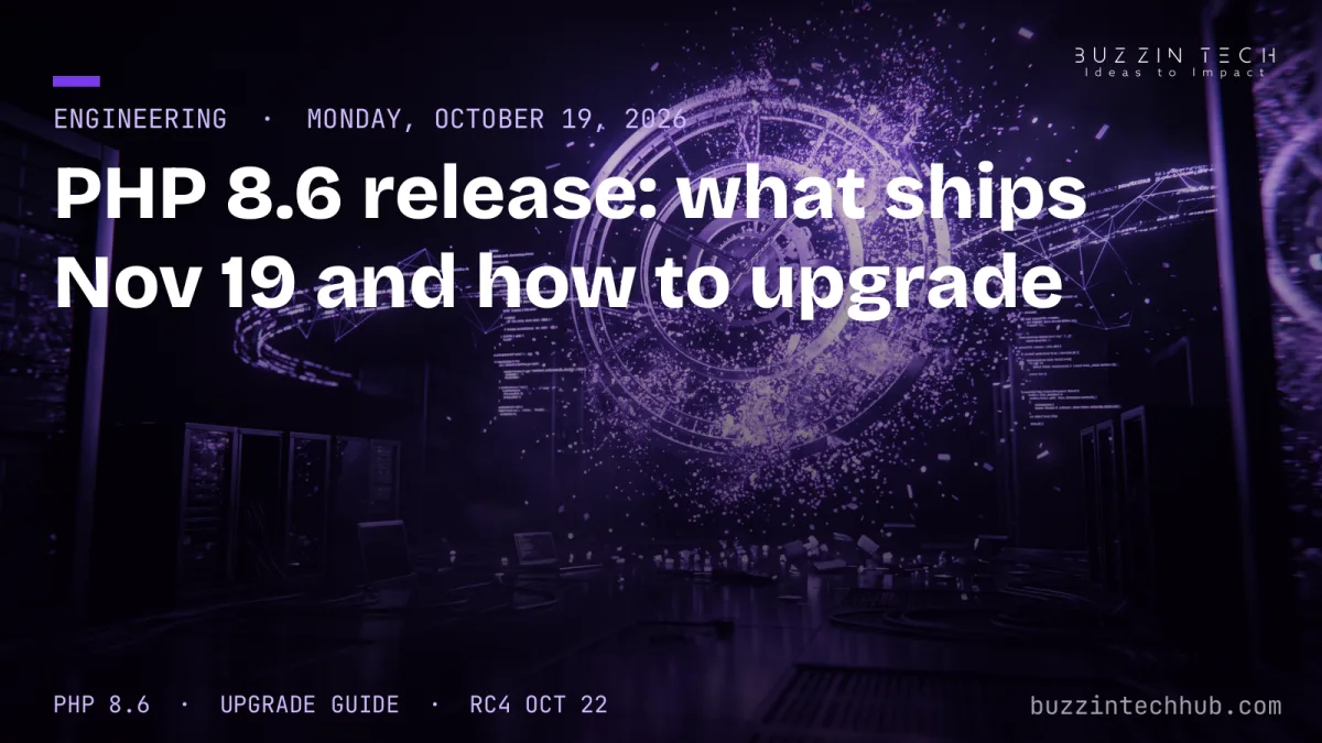 PHP 8.6 release cover: glowing violet code portal in a dark server room, headline 'PHP 8.6 release: what ships Nov 19 and how to upgrade'