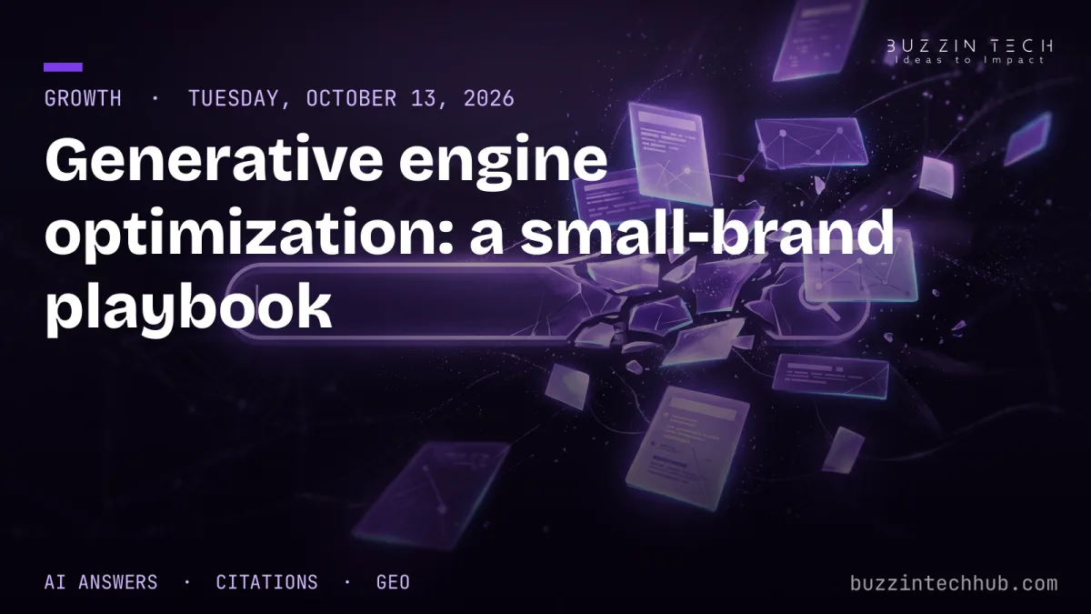 Shattered search bar with floating document fragments; headline 'Generative engine optimization: a small-brand playbook'