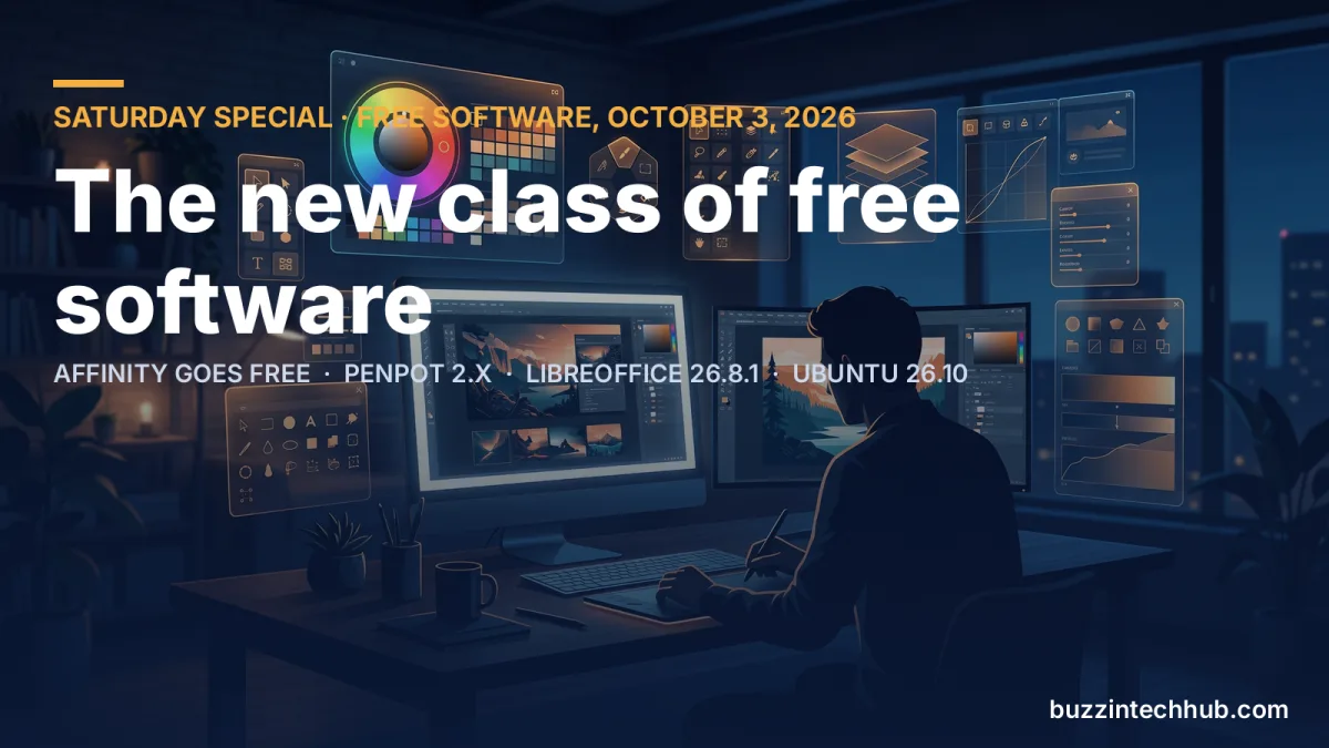 Cover: designer at a multi-monitor desk with floating design-tool panels; headline 'The new class of free software'