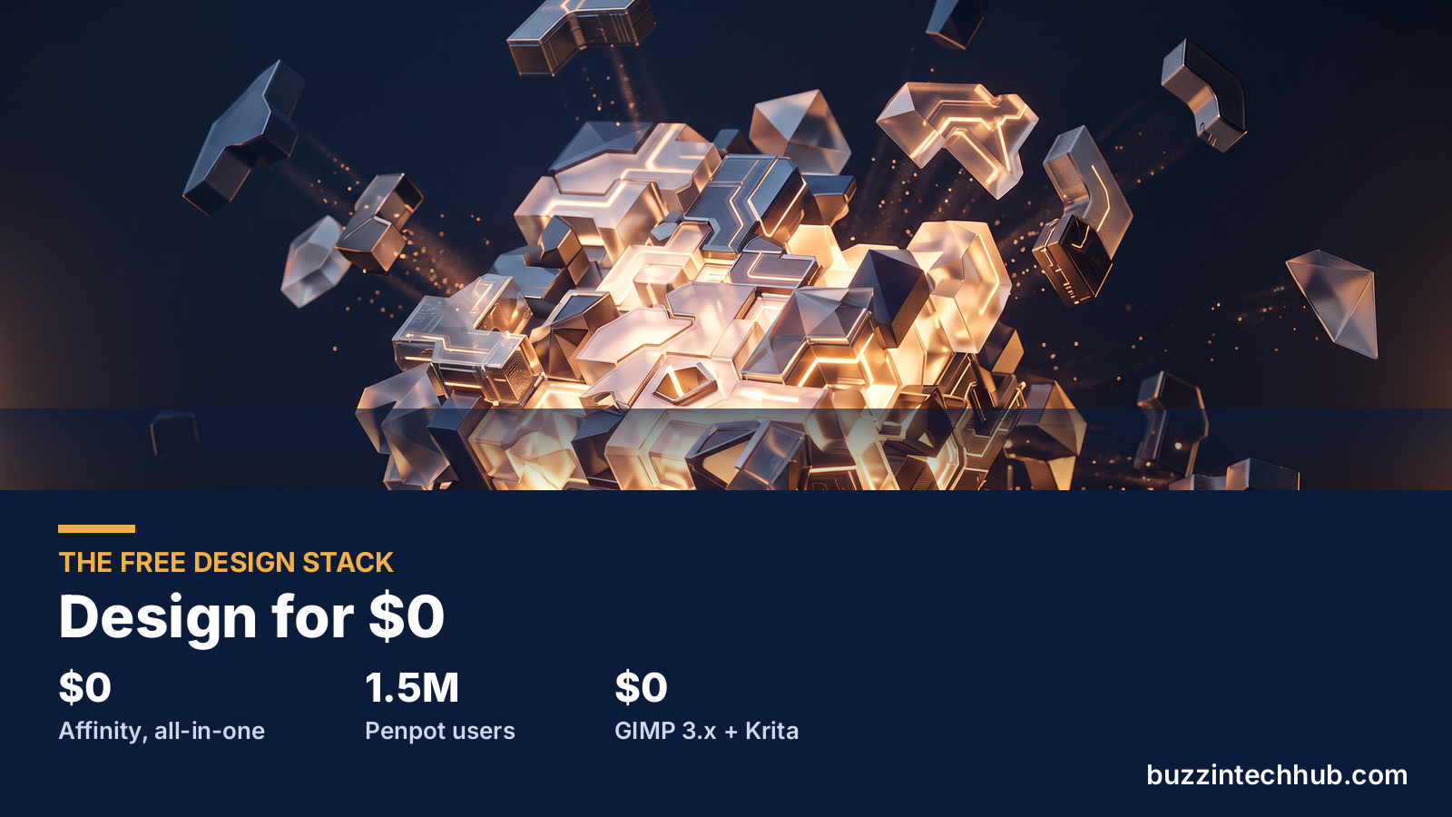Infographic of glowing 3D blocks: the free design stack — Affinity $0, Penpot 1.5M users, GIMP 3.x + Krita $0
