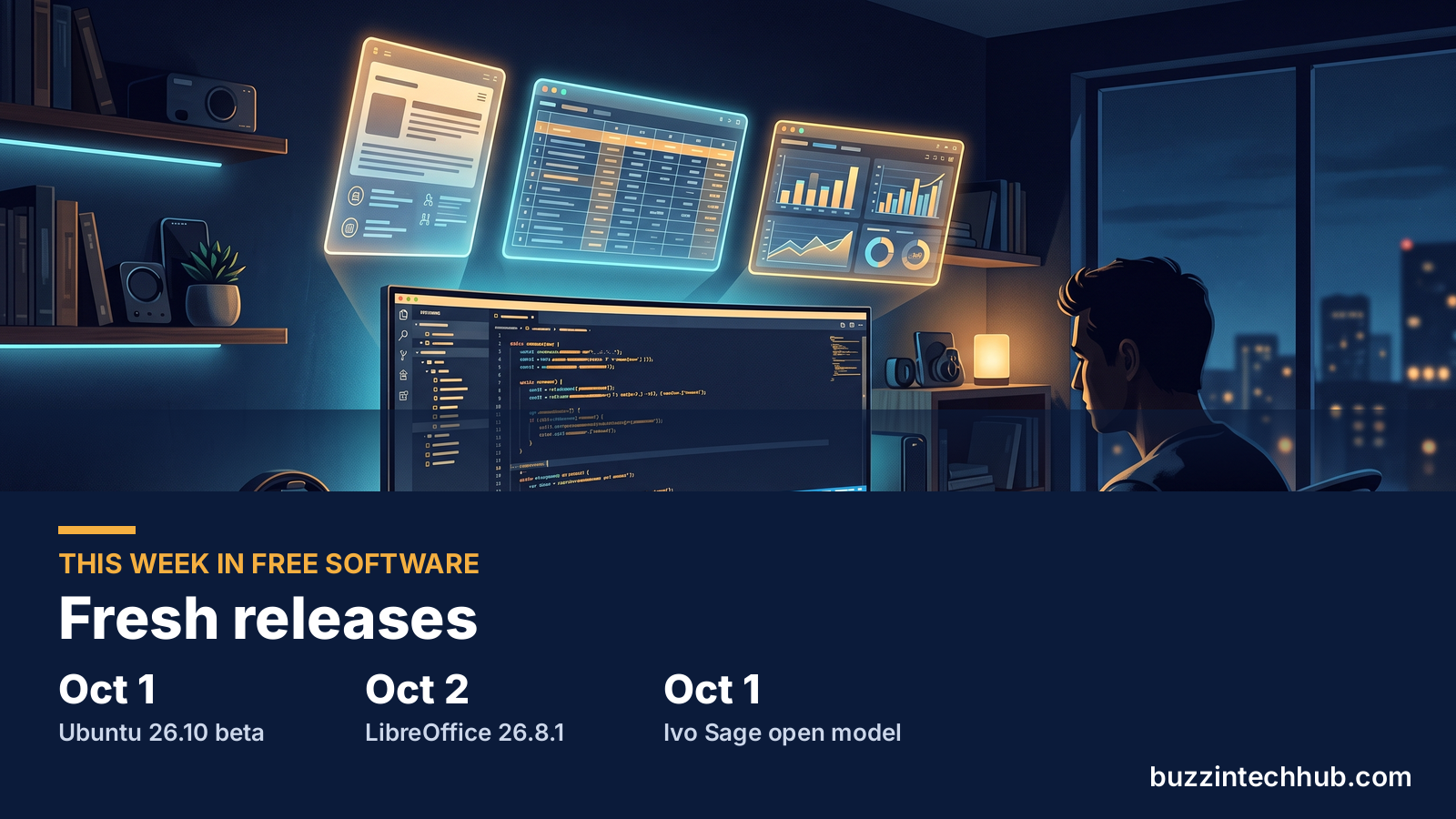 Fresh releases infographic: Ubuntu 26.10 beta, LibreOffice 26.8.1, and Ivo Sage open model, dated Oct 1–2