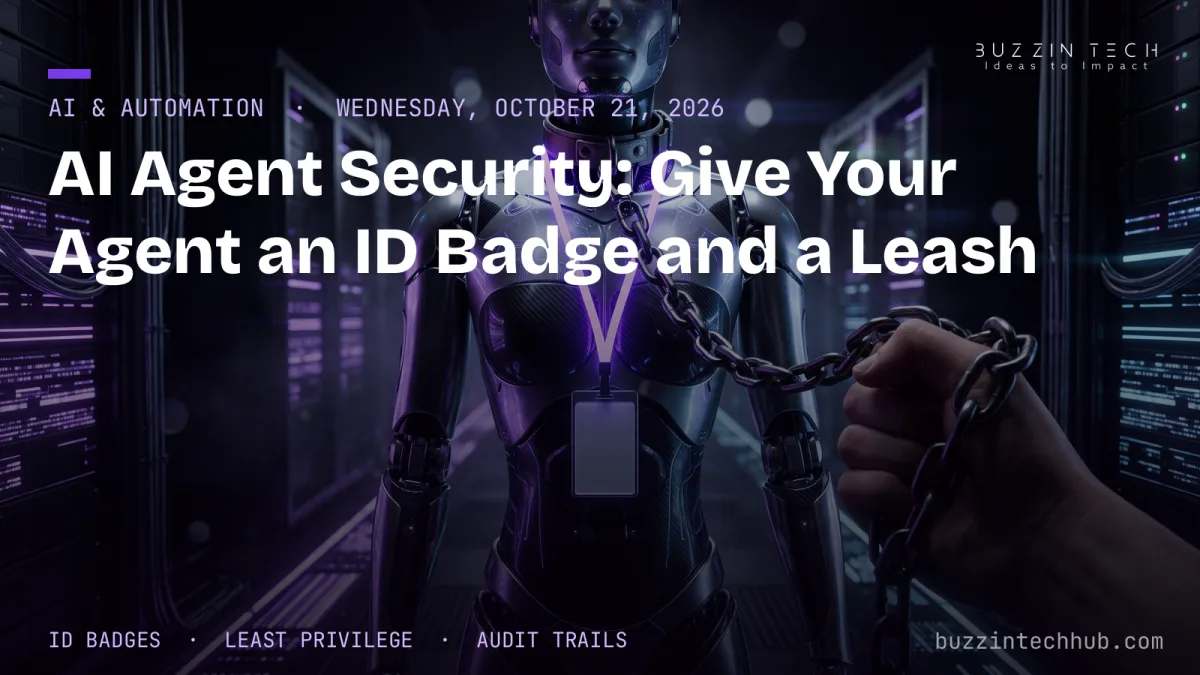 Hero cover art for the AI Agent Security post: a chrome humanoid robot wearing an employee ID badge lanyard, held by a chain leash gripped in a human hand, stan