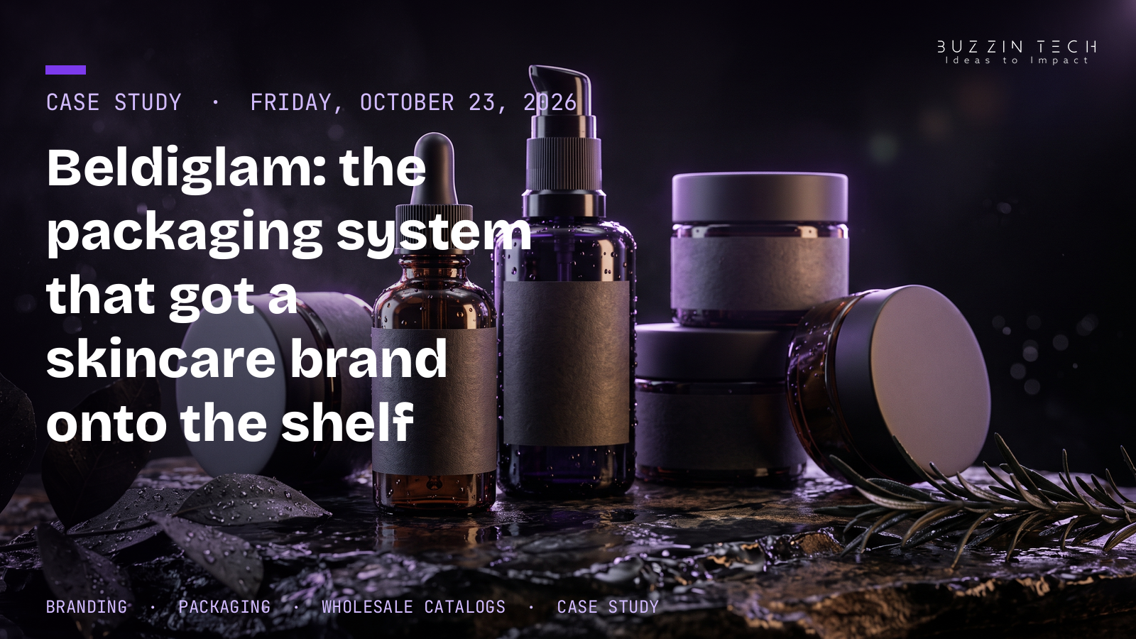 Beldiglam article hero artwork: amber and dark-glass skincare bottles and jars with minimal blank labels arranged on a wet dark stone surface