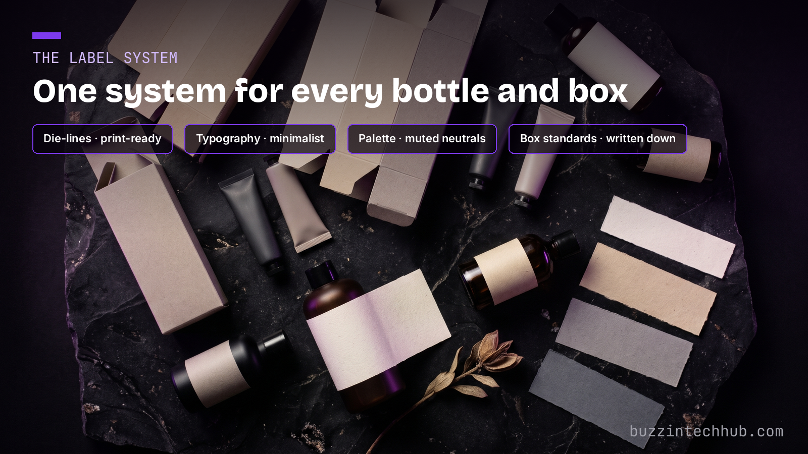 Flat-lay of the Beldiglam label system: print-ready die-lines, minimalist labeled bottles and tubes, neutral-toned box standards, and muted neutral palette swatches on dark slate