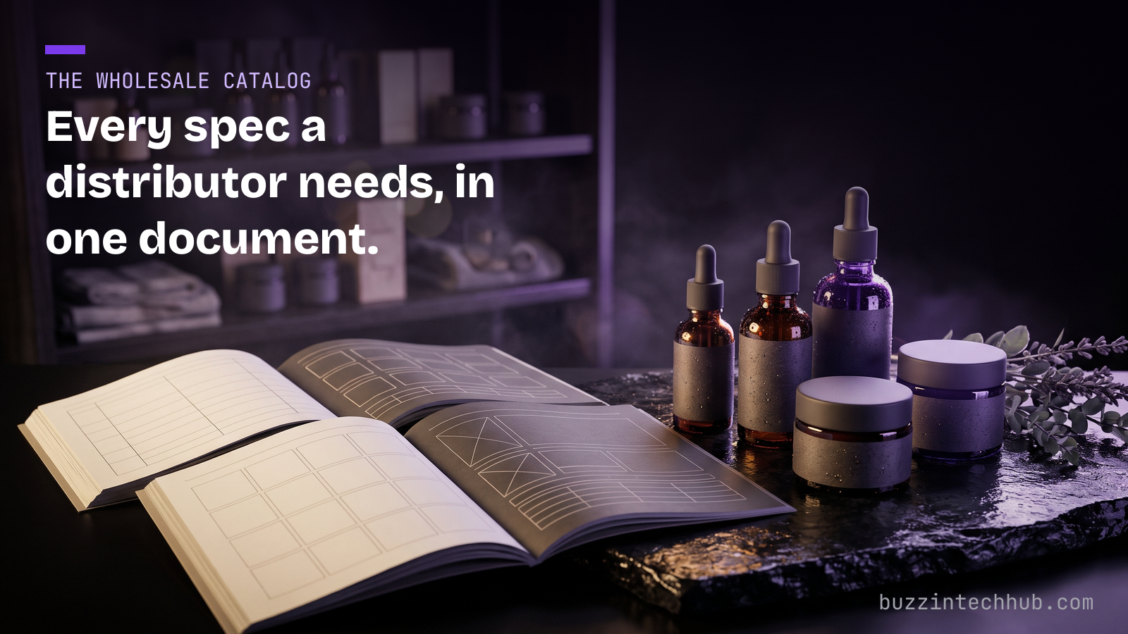 Open wholesale catalog with layout spreads beside Beldiglam serum dropper bottles and cream jars: every spec a distributor needs, in one document