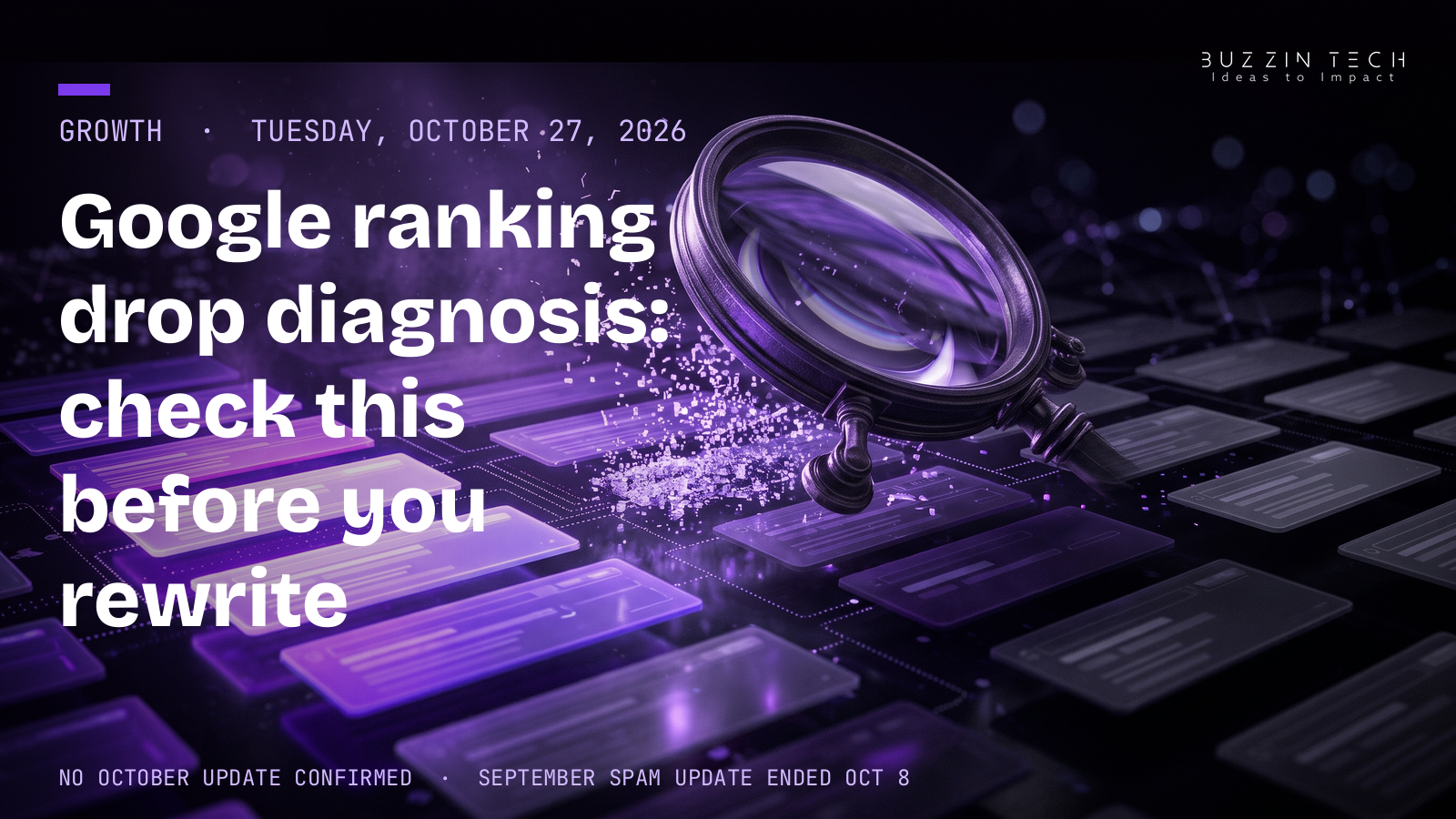 Cover art for Google ranking drop diagnosis: a magnifying glass over glowing violet search-result cards on a dark background, with the headline 'Google ranking 
